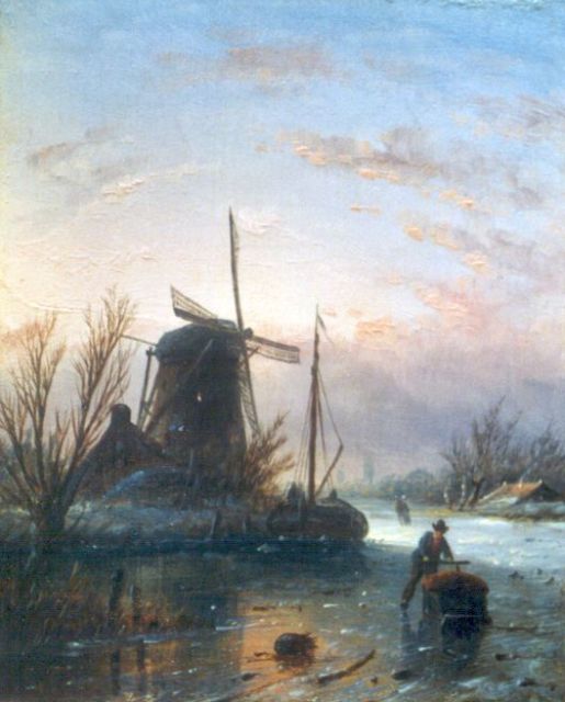 Jacob Jan Coenraad Spohler | Skaters on a frozen waterway, Öl auf Holz, 13,9 x 11,2 cm, signed l.l. with initials