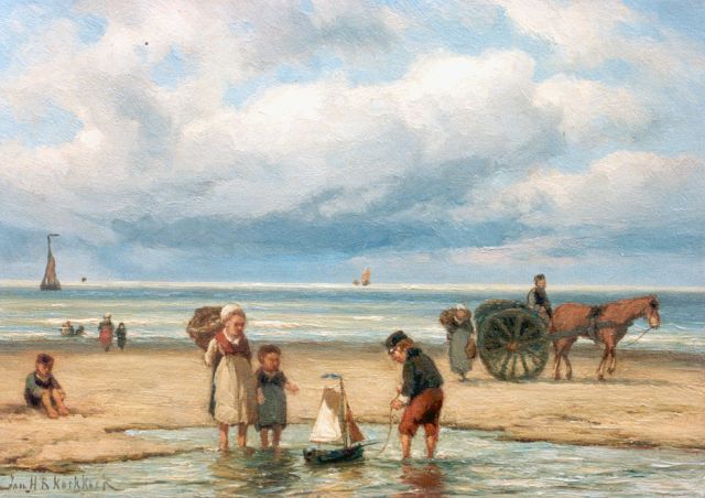 Koekkoek J.H.B.  | Children playing on the beach, Öl auf Leinwand 24,6 x 34,2 cm, signed l.l.