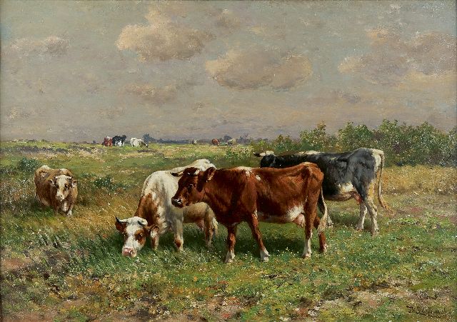Jan de Haas | Cattle in a meadow, Öl auf Holz, 45,2 x 63,6 cm, Unterzeichnet u.r.