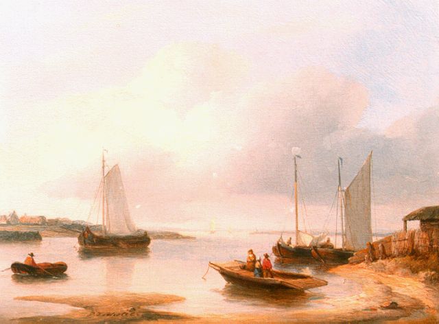 Petrus Johannes Schotel | Vessels in a calm, Öl auf Holz, 14,9 x 20,0 cm, signed c.l.