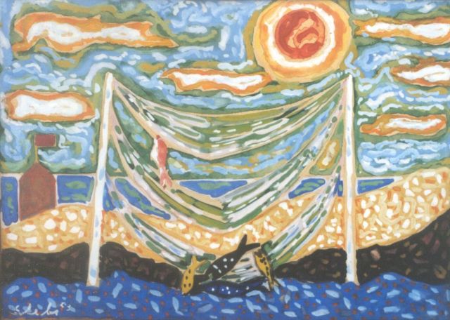 Slebe (Ferdinand Joseph Sleebe) F.  | Drying nets, Gouache auf Papier 23,0 x 32,5 cm, signed l.l. und painted '53