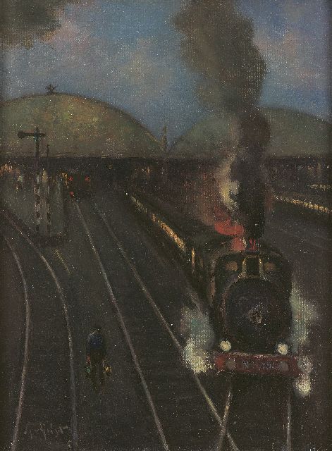 Arnout van Gilst | Steam-locomotive near the station of Amsterdam, Öl auf Leinwand, 40,4 x 30,2 cm, signed l.l.