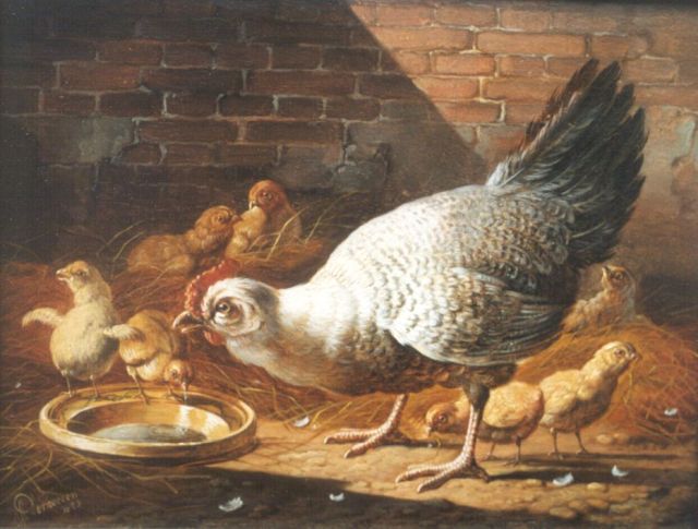 Albertus Verhoesen | A hen and chicks in a stable, Öl auf Holz, 17,5 x 24,5 cm, signed l.l. und dated 1873