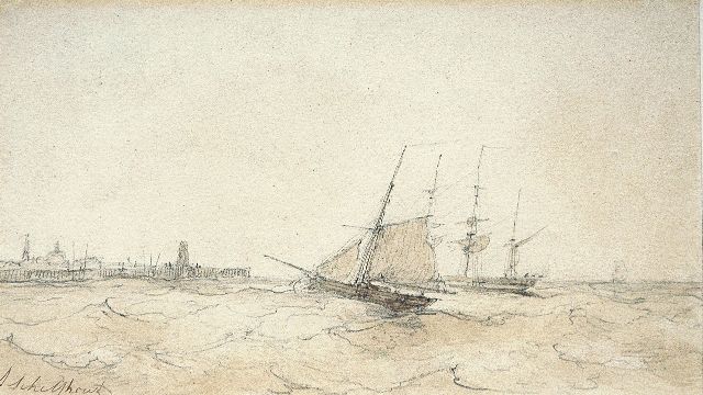 Andreas Schelfhout | The arrival of the fleet, Bleistift, Feder und Sepia auf Papier, 13,5 x 22,5 cm, signed l.l.