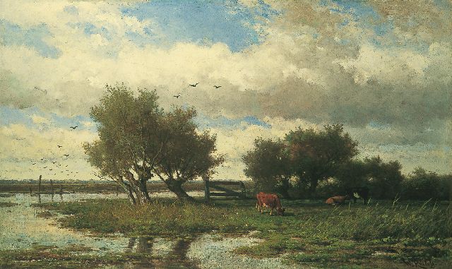 Willem Roelofs | Cattle in a polder landscape, Öl auf Leinwand, 84,0 x 139,0 cm, signed l.r. und painted circa 1860