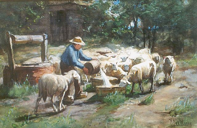 Weele H.J. van der | Sheep with their shepherd near a well, Aquarell auf Papier 29,0 x 43,0 cm, signed l.r.