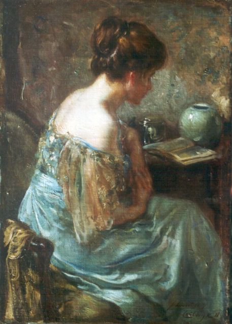 Schreuder van de Coolwijk J.H.W.M.  | An elegant lady reading, Öl auf Leinwand 35,7 x 25,0 cm, signed l.r. und dated '18