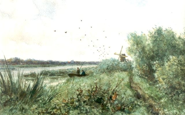 Willem Roelofs | Anglers near a river, Aquarell auf Papier, 21,2 x 33,2 cm, signed l.r.