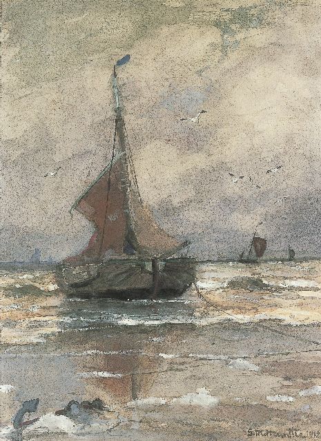 Morgenstjerne Munthe | 'Bomschuit' in the surf, Aquarell auf Papier, 38,0 x 28,0 cm, signed l.r. und dated 1912