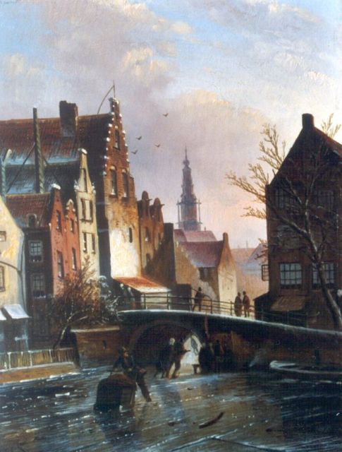Jacob Jan Coenraad Spohler | Skaters on a frozen canal, Öl auf Holz, 22,2 x 17,1 cm, signed l.l. with initials