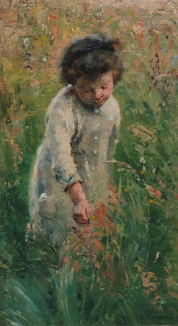 Bertha Wegman | Little girl picking flowers, Öl auf Leinwand, 37,6 x 21,3 cm, signed l.r.