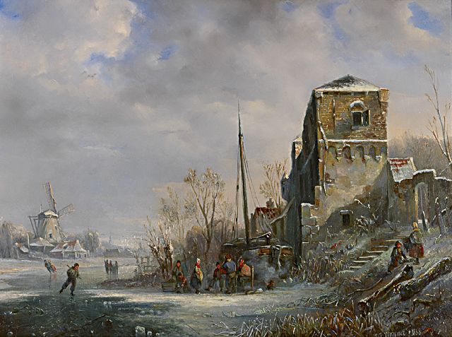 Willem George Wagner | Beschneiter Kanal mit Schlittschuhläufern, Öl auf Holz, 39,3 x 52,4 cm, Unterzeichnet r.u. und datiert 1838