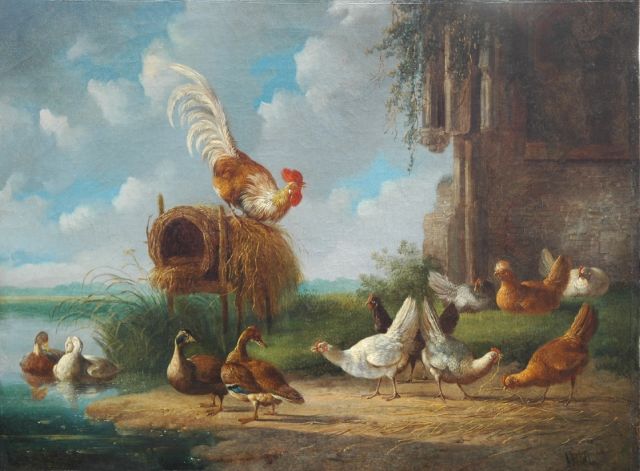 Albertus Verhoesen | A rooster with chickens and ducks at the waterside, Öl auf Leinwand, 34,7 x 46,5 cm, signed l.r.