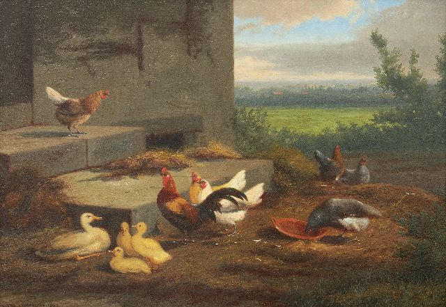 Jean-Baptiste Leopold van Leemputten | Hühner und Enten auf einem Bauernhof, Öl auf Holz, 24,0 x 36,2 cm, Unterzeichnet l.u. und datiert 1869