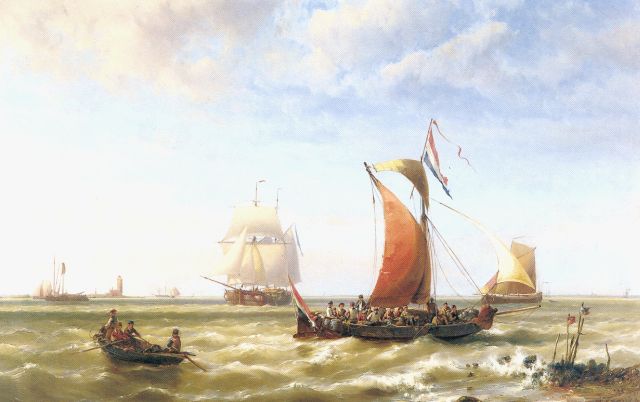 Koekkoek jr. H.  | Sportboot entlang der Küste, Öl auf Holz 78,5 x 120,0 cm, signed l.r. und dated 1868