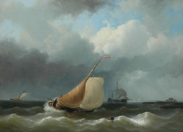 Abraham Hulk | Sailing boats near a pier, Öl auf Holz, 29,7 x 40,7 cm, signed l.l.