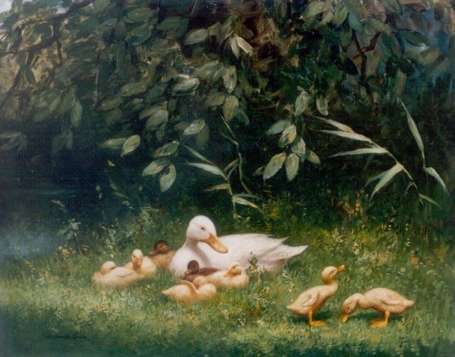 Constant Artz | Hen with ducklings on the riverbank, Öl auf Holz, 40,0 x 50,0 cm, signed l.l.