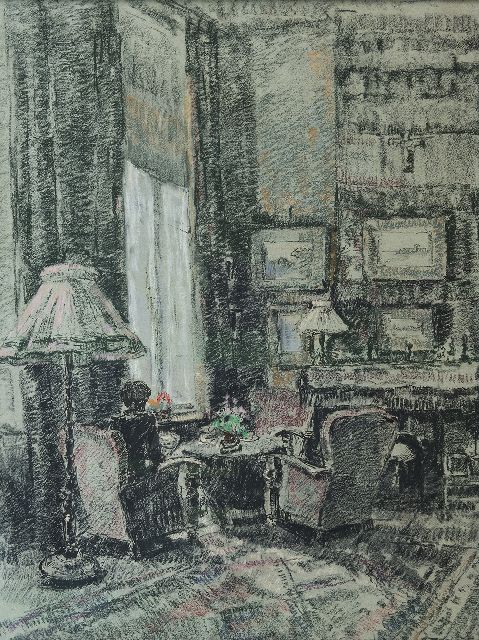 Cor Noltee | Sitz am Fenster; Wohnzimmer der Familie Noltee, Kreide auf Papier, 65,0 x 50,0 cm, Unterzeichnet r.u.