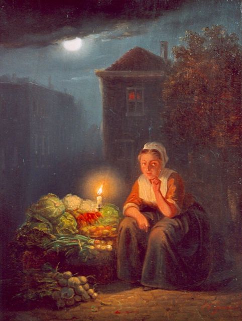 Pieter Gerardus Sjamaar | A vegetable stall by candlelight, Öl auf Holz, 20,9 x 15,6 cm, signed l.r.