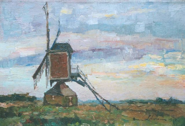 Anna Lehmann | A windmill in a landscape by dusk, Öl auf Leinwand, 23,5 x 34,3 cm, signed l.r. und dated 1917