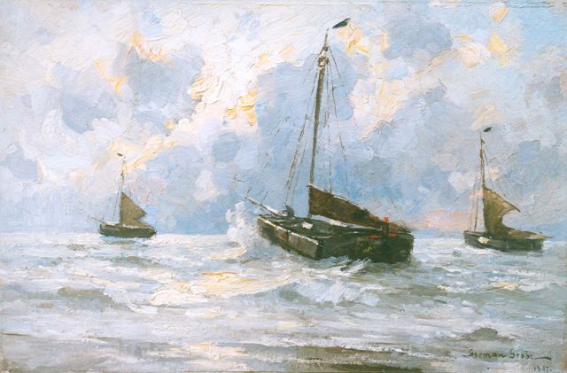 German Grobe | 'Bomschuiten' setting out for sea, Katwijk, Öl auf Holz, 31,9 x 48,0 cm, signed l.r. und dated 1897