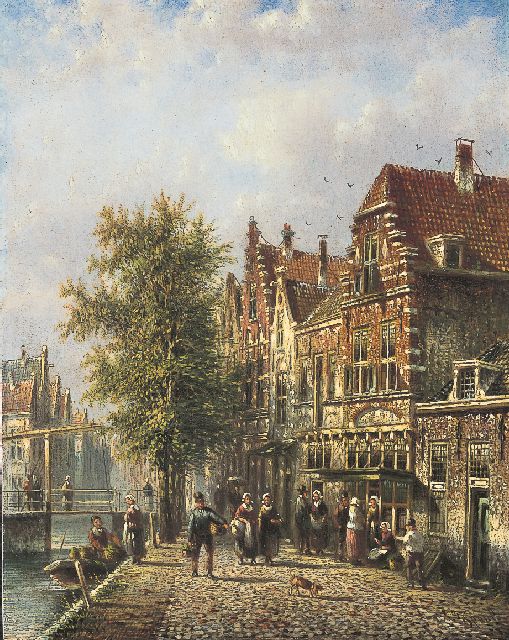 Johannes Franciscus Spohler | A canal in a Dutch town, Öl auf Holz, 20,5 x 15,9 cm, signed l.r.