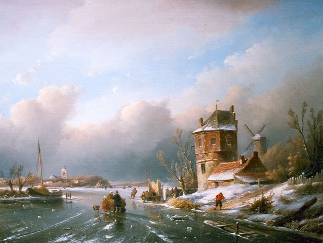 Jan Jacob Spohler | Figures on the ice by a 'koek en zopie', Öl auf Leinwand, 52,2 x 69,6 cm, signed l.l.