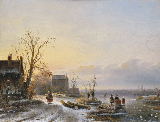 Cornelis Petrus 't Hoen | Figures on the ice by sunset, Öl auf Holz, 41,3 x 54,2 cm, signed l.l. und dated '46