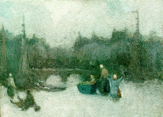 Daalhoff H.A. van | Ice skating on a frozen waterway, Öl auf Holz 13,0 x 18,0 cm, signed l.r.