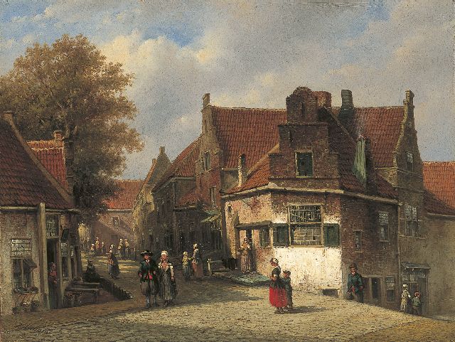 Vertin P.G.  | A sunlit street with a woman from Marken in a regional costume, Öl auf Holz 31,2 x 41,2 cm, signed l.l. und dated '51