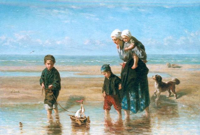 Jozef Israëls | Playing in the surf, Öl auf Leinwand, 91,5 x 132,1 cm, signed m.l. und painted circa 1863
