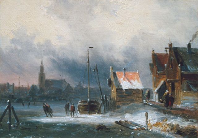 Morel II J.E.  | Skaters on a frozen waterway, Öl auf Holz 15,8 x 21,6 cm, signed l.l.