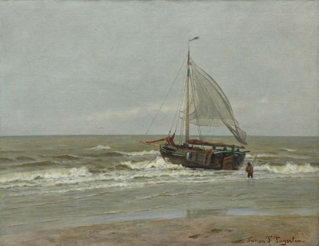 Ferdinand Julius Fagerlin | Fishing boat in the surf, Öl auf Leinwand, 37,3 x 48,5 cm, signed l.r. und executed on 24.12.85