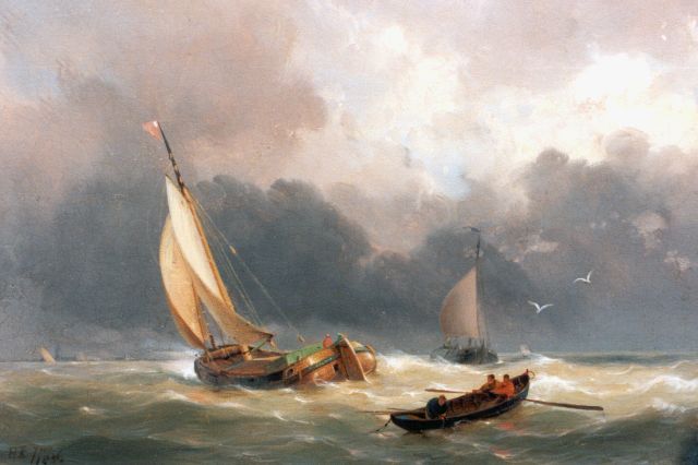 Hermanus Koekkoek jr. | Fischerboote auf hoher See, Öl auf Holz, 18,4 x 24,8 cm, Unterzeichnet l.u. mit Monogramm und datiert 1856