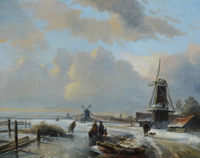 Pieter Voskuil | A winter landscape with skaters on a frozen waterway, Öl auf Leinwand, 39,1 x 48,8 cm, signed l.r. und dated 1837