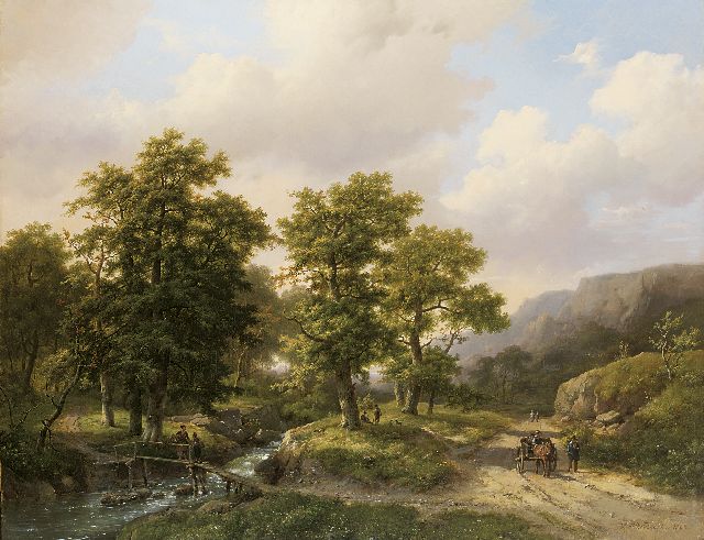 Marinus Adrianus Koekkoek I & Hermanus Koekkoek sr. | A wooded mountain landscape with a cart and figures near a creek, Öl auf Leinwand, 61,8 x 79,9 cm, signed l.r. und dated 1862