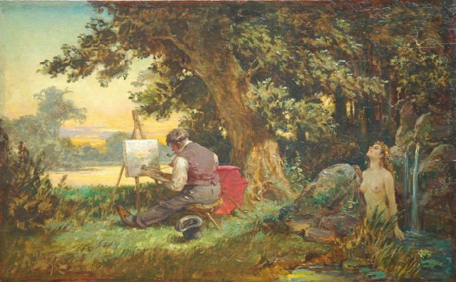 H. Prediger | A painter and a nymph, Öl auf Holz, 19,6 x 31,7 cm, signed l.l.