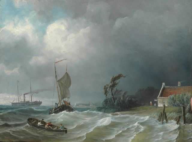 Petrus Paulus Schiedges | Shipping in stormy waters, Öl auf Holz, 38,8 x 52,3 cm, signed l.r. traces of signature