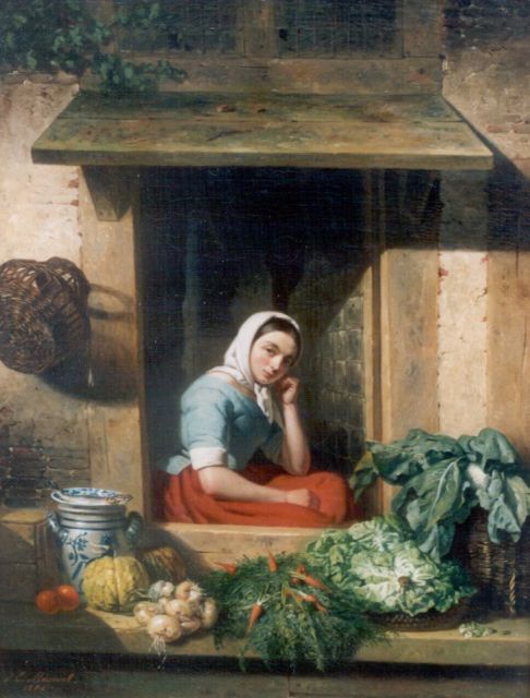 Masurel J.E.  | Selling vegetables, Öl auf Leinwand 53,0 x 40,8 cm, signed l.l. und dated 1852