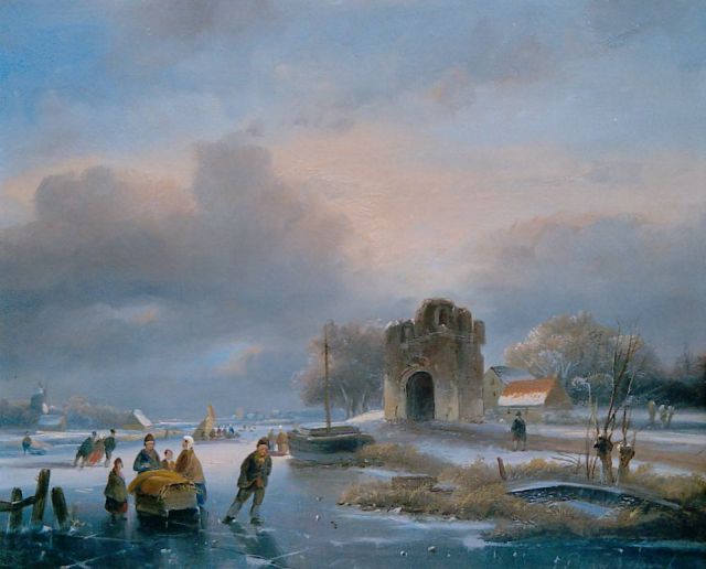 Johannes Petrus van Velzen | Skaters on a frozen waterway near a ruin, Öl auf Holz, 20,6 x 25,5 cm, signed l.r.