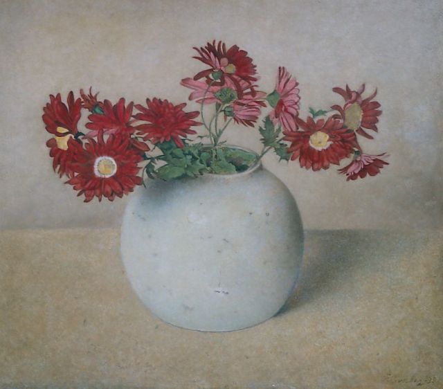 Everbag F.  | Red chrysanthemum in a white pot, Öl auf Holz 30,1 x 33,9 cm, signed l.r. und dated '38