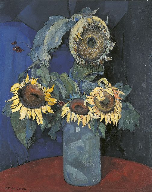 Jong G. de | Sunflowers in a blue vase, Öl auf Leinwand 98,8 x 78,9 cm, signed l.l. und dated 1921