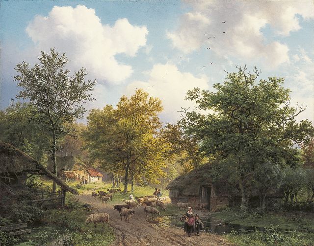 Barend Cornelis Koekkoek | Waldlandschaft mit Bauernhütten und Herde in der Nähe eines Schafstalles, Öl auf Holz, 39,5 x 50,0 cm, Unterzeichnet l.u. und datiert 1851