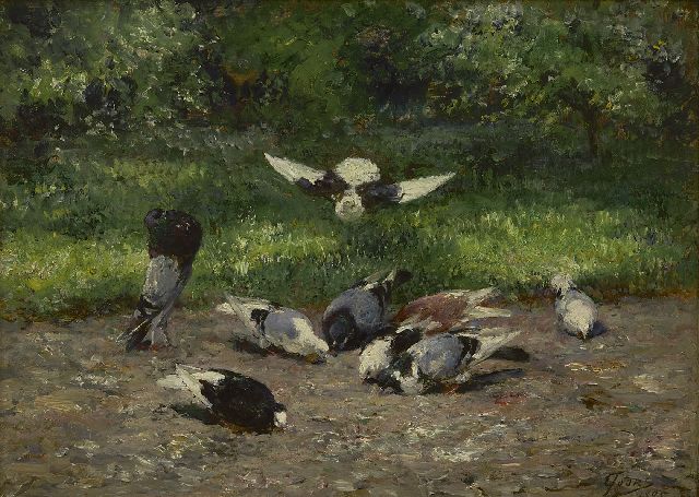 Eugeen Joors | Tauben im Park, Öl auf Holz, 24,0 x 32,5 cm, Unterzeichnet r.u. und datiert 1895