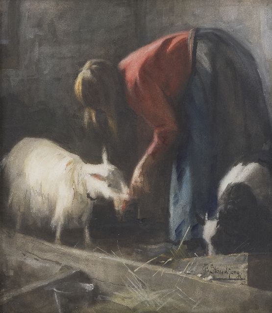 Sterre de Jong J.F.  | Ziege füttern, Aquarell auf Papier 42,6 x 37,0 cm, Unterzeichnet r.u.