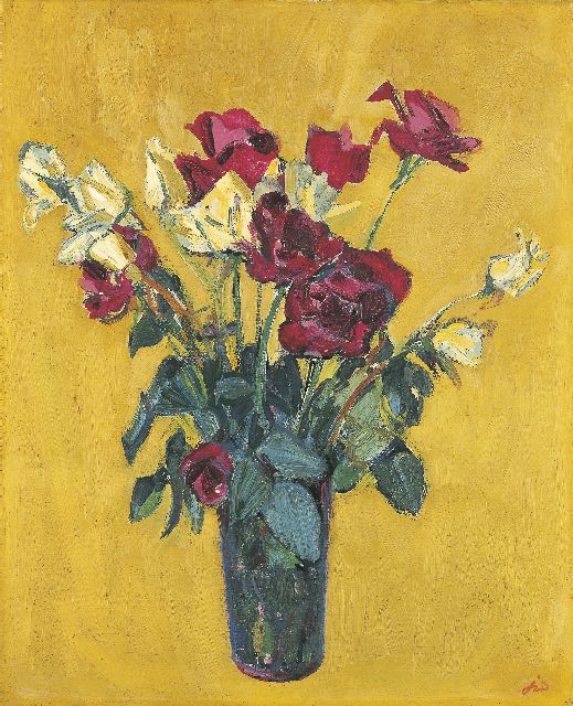 Jan Wiegers | A flower still life, Öl auf Leinwand, 61,4 x 50,0 cm, signed l.r. with initials and on the reverse und dated 1956 on the reverse
