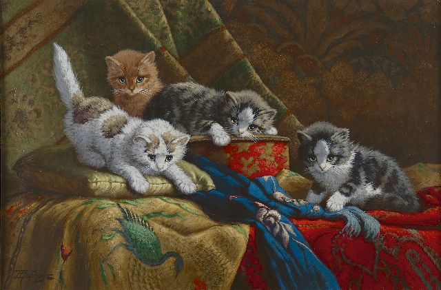 Cornelis Raaphorst | Four playing kittens, Öl auf Leinwand, 40,5 x 60,2 cm, Unterzeichnet u.l.