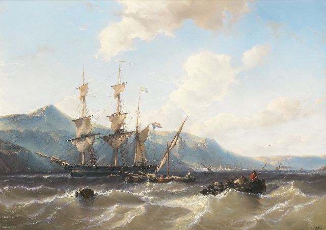 Louis Meijer | Klipper, Frachtschiffe und eine Schaluppe vor gebirgiger Küste, vielleicht St. Helena, Öl auf Tafel, 43,9 x 62,3 cm, Unterzeichnet r.u.