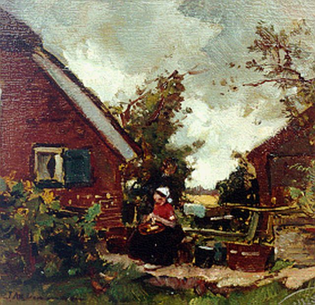 Johannes Evert Akkeringa | A farmyard with a woman peeling potatoes, Öl auf Tafel, 15,7 x 16,2 cm, signed l.l.