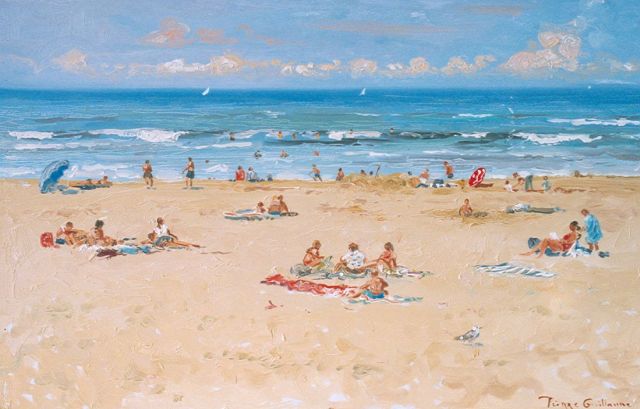Pierre Guillaume | Figures on the beach, Katwijk, Öl auf Holzfaser, 39,4 x 61,0 cm, signed l.r. und dated 16 Aug. 2004 on the reverse